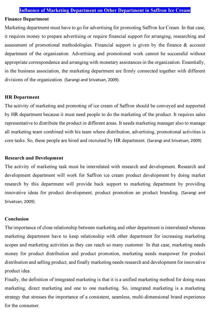 Influence of Marketing Department on Other Department in Saffron Ice Cream