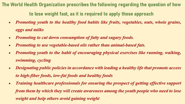 The World Health Organization prescribes the following regarding the question of how to lose weight fast, as it is required to apply those approach